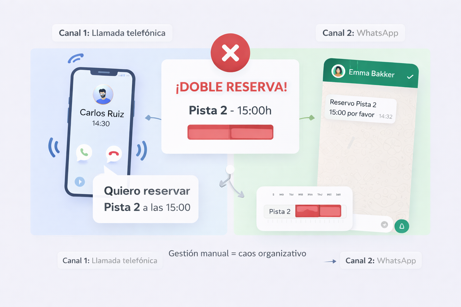 Ilustración del problema de dobles reservas: llamada telefónica y WhatsApp generando conflictos de reserva en pista 2