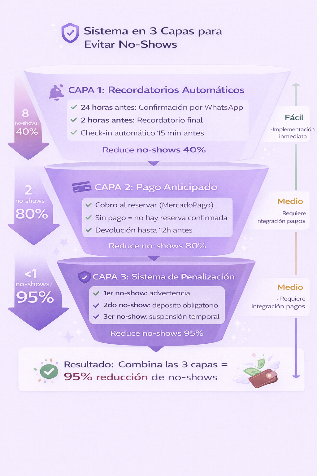 Infografía del sistema en 3 capas para reducir no-shows: recordatorios automáticos (40%), pago anticipado (80%) y penalización progresiva (95% de reducción total)